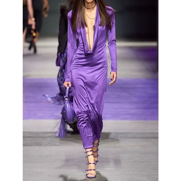 VERSACE Cowl-neck draped satin gown